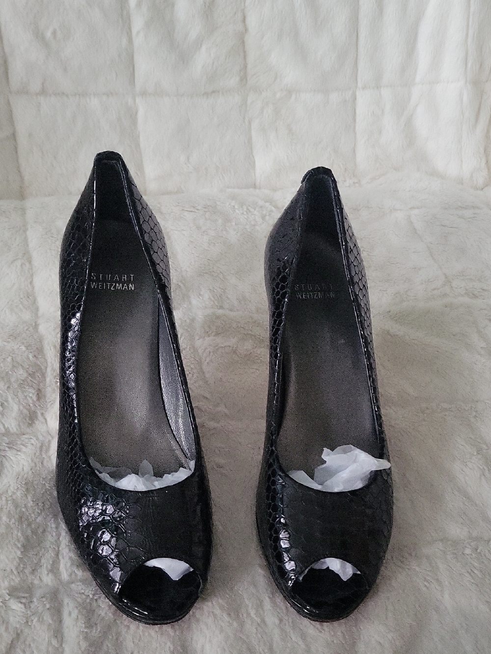 Stuart Weitzman Black Snakeskin Peep-Toe Pumps Size 9M